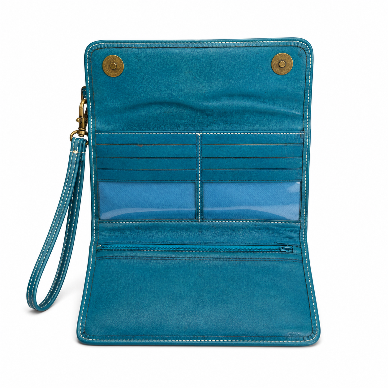 Pochette Cuir Gravé Turquoise – Portefeuille Wristlet