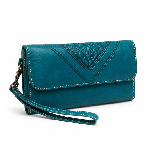 Pochette Cuir Gravé Turquoise – Portefeuille Wristlet