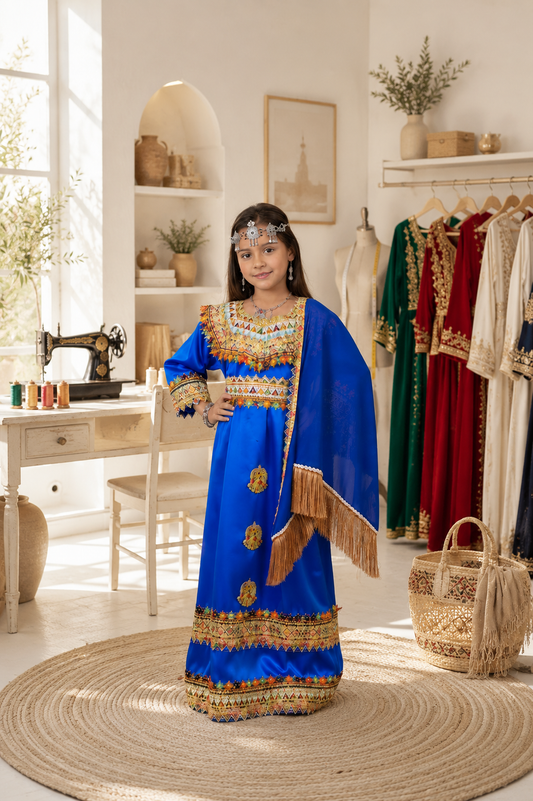 Robe Kabyle Enfant Bleue Roi — Tenue de Cérémonie Fille & Broderies Dorées