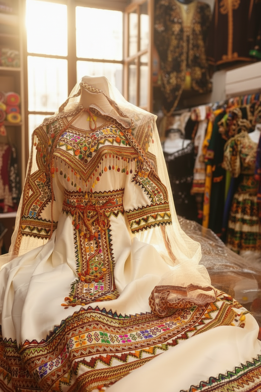 Robe Kabyle Blanche Broderies Multicolores