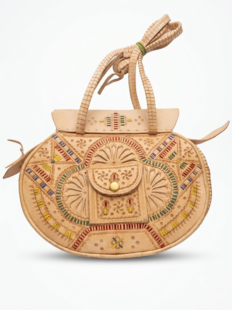 Sac bandoulière cuir sculpté artisanal algérien naturel avec motifs traditionnels et fils multicolores